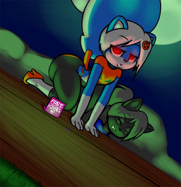 anthro big_butt bite_mark bite_mark_on_neck bodily_fluids butt clothing drooling duo fanged_bite_mark fanged_bite_mark_on_neck female footwear glowing glowing_eyes hair high_heels huge_butt loli looking_at_viewer male red_eyes saliva shoes thick_thighs white_hair wide_hips young young_anthro norithics countess_twerkula gwen_mason sedkitty domestic_cat felid feline felis mammal mephitid skunk vampire
