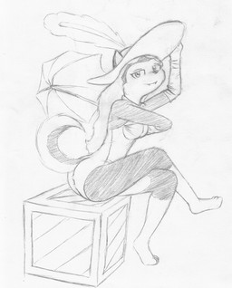 anthro armwear biped clothed clothing crate crossed_legs elbow_gloves female gloves hair handwear hat headgear headwear loose_feather simple_background sitting smile solo umbrella victorian white_background norithics zeroelle_nei canid canine canis domestic_dog husky mammal nordic_sled_dog spitz vampire monochrome sketch