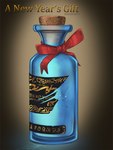 2021 3:4 5_fingers ambiguous_gender ammylin blue_goo bottle brown_background claws container cork cover cover_art cover_page english_text finger_claws fingers goo_creature in_bottle in_container label potion red_bow red_ribbon simple_background solo text transformation_potion