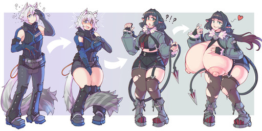 belt big_breasts boots bottomwear breast_growth breasts clothing directional_arrow female footwear gender_transformation gloves growth hand_on_breast handwear heart_symbol huge_breasts interrobang jacket looking_at_viewer male mtf_transformation nipples open_mouth pants shirt shoes shorts simple_background smile solo species_transformation standing tail topwear transformation zipper kittenboogers mihoyo zenless_zone_zero jane_doe_(zenless_zone_zero) seth_lowell animal_humanoid cat_humanoid felid felid_humanoid feline feline_humanoid humanoid mammal mammal_humanoid murid murid_humanoid murine murine_humanoid rat_humanoid rodent rodent_humanoid 2026 digital_media_(artwork) hi_res sequence
