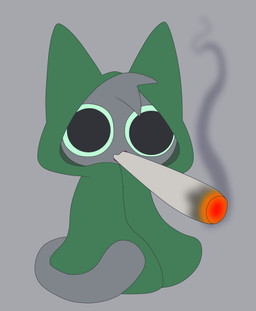 ambiguous_form cloak clothed clothing drugs green_clothing grey_background grey_body holidays joint male marijuana oversized_joint silly simple_background solo tail gooblie_2 april_fools'_day isaac_(gooblie_ii) felid feline felis mammal absurd_res hi_res