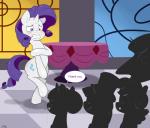 blue_eyes covering cutie_mark dialogue embarrassed female feral furniture group hair horn inside purple_hair silhouette smile table text zoarity friendship_is_magic hasbro my_little_pony mythology rarity_(mlp) equid equine mammal mythological_creature mythological_equine unicorn 2015 english_text