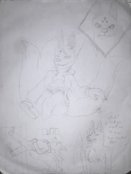 4_tails 5_fingers anthro areola asking asking_another bent_arm bent_legs biped black_areola black_border black_markings black_nipples border bottomwear breasts building clothed clothed_anthro clothed_female clothing eyes_closed facial_markings fangs female female_anthro fingernails fingers floating fluffy fluffy_tail footwear forehead_markings fully_clothed fully_clothed_anthro fully_clothed_female fur grey_background grey_clothing grey_eyes grey_footwear grey_nose grey_shoes hand_in_pocket head_markings hoodie looking_at_viewer markings medium_breasts mouth_closed multi_tail nails nipples no_eyebrows nude nude_anthro nude_female pants pockets question question_mark shoes simple_background skyscraper solo speech_bubble standing straight_legs tail teeth text tongue topwear walking white_body white_bottomwear white_clothing white_footwear white_fur white_hoodie white_pants white_shoes white_topwear window skywater kemuri_(game) kitsune_(kemuri) canid canine fox_spirit mammal spirit 2026 absurd_res english_description english_text graphite_(artwork) greyscale hi_res monochrome sketch_page traditional_media_(artwork)