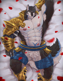 abs anthro armor armpit_hair bed_sheet bedding black_body black_fur blue_eyes blue_highlights body_hair crotch_fur crotch_tuft flower fur highlights_(coloring) looking_at_viewer male muscular muscular_anthro muscular_male navel nipples pecs plant rose_(flower) solo tuft white_body yellow_eyes newton_2305 thunderrangers archermagnum canid canine canis mammal wolf absurd_res hi_res