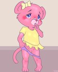 accessory anthro balls biped blue_eyes blush bow_ribbon clothed clothing crossgender eyebrows female front_view genitals hair_accessory hair_bow hair_ribbon mtf_crossgender navel panties panties_down partially_clothed pink_body pink_nose pussy ribbons round_ears shirt solo standing sucking thumb_suck toddler topwear underwear underwear_down yellow_clothing yellow_shirt yellow_topwear young young_anthro young_female maverick hanna-barbera pink_panther_and_sons panky_(pink_panther_and_sons) felid mammal pantherine 2025 hi_res