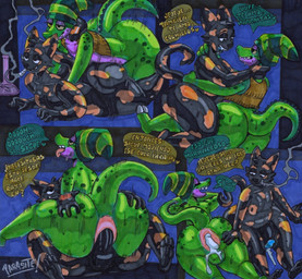 3_toes 4_fingers 5_fingers abstract_background after_sex ahegao anal anal_penetration anthro anus backsack balls beanie big_butt big_penis black_body black_eyes black_fur bodily_fluids bong bottom_heavy bottomless brown_clothing brown_topwear brown_vest bubble_butt butt clothed clothing cowgirl_position dialogue drugs duo eyelashes feet femboy fingers from_behind_position from_front_position fur genitals green_body green_scales green_spots hat headgear headwear huge_butt huge_hips huge_thighs lidded_eyes long_tail looking_pleasured lying male male/male marijuana markings mastery_position mostly_nude mostly_nude_anthro mostly_nude_male motion_lines multicolored_body multicolored_fur multicolored_scales on_bottom on_front on_top orange_body orange_fur orange_spots penetration penis prone_bone_position purple_body purple_scales scales sex sitting smoking smoking_marijuana snout speed_bump_position spots spotted_body spotted_fur spotted_scales sweat sweatdrop tail teeth text thick_thighs toes tongue tongue_out topwear topwear_only two_tone_body two_tone_fur vest vest_only wide_hipped_anthro wide_hipped_male wide_hips parasitedeath colmillos_(colmillitofangs) manchitas_(schronflower) crocodile crocodilian domestic_cat felid feline felis mammal reptile scalie 2026 absurd_res artist_name graphite_(artwork) hi_res marker_(artwork) signature spanish_text traditional_media_(artwork) translation_check translation_request