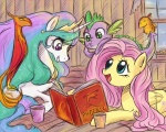 book cutie_mark feathered_wings feathers female feral group horn princess royalty size_difference tail wings yellow_body yellow_feathers keterok european_mythology friendship_is_magic greek_mythology hasbro my_little_pony mythology fluttershy_(mlp) peewee_(mlp) philomena_(mlp) princess_celestia_(mlp) spike_(mlp) avian dragon equid equine mammal mythological_avian mythological_bird mythological_creature mythological_equine mythological_firebird mythological_scalie pegasus phoenix scalie 5:4