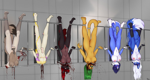 animal_genitalia animal_penis ankles_tied anthro areola balls big_breasts blood blood_on_face blood_on_wall blood_splatter bodily_fluids bound breasts canine_genitalia canine_penis chainsaw clenched_teeth corpse death decapitation erection execution feet female female_death fingers fur genitals gore gore_focus group gynomorph gynomorph_death hair hands_tied humanoid_genitalia humanoid_penis imminent_death intersex intersex_death knot male male_death massacre navel nipples nude open_mouth penis power_tool severed_arm severed_body_part severed_head severed_limb slit_throat snuff tail tail_tied teeth toes tools upside_down vulva weapon mrs._stein canid canine canis felid fox lagomorph leporid mammal prehistoric_species rabbit saber-toothed_tiger wolf digital_media_(artwork) painting_(artwork)