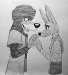 anthro biped black_nose clothed clothing duo egyptian egyptian_clothing eye_contact female flat_chested fully_clothed hand_holding headgear headwear long_ears looking_at_another male male/female religious_clothing religious_headwear romantic side_view simple_background smile turban invisibleintrovertartist disney ducktales ducktales_(2017) amunet_(ducktales) faris_djinn anubian_jackal arabian_wolf canid canine canis jackal mammal wolf 2020 hi_res monochrome traditional_media_(artwork)