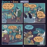 1:1 2021 anthro base_two_layout blush bodily_fluids bottomwear bovid bridge brown_body caprine clothed clothing comic cousins_(lore) crocodile crocodilian crocodylid detailed_background dialogue doginacafe duncan_(doginacafe) eddie_(doginacafe) english_text eyewear four_frame_grid four_frame_image fur glasses goat green_body greeting grid_layout group hand_holding hoodie humanoid_hands male male/male mammal open_mouth outside pants plant regular_grid_layout reptile scalie shirt speech_bubble stated_heterosexuality stated_sexuality sweat sweater text topwear tree trio two_row_layout water white_body white_fur