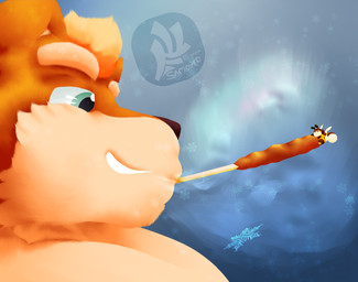anthro aurora_(phenomenon) barazoku belly breath duo extreme_size_difference food fur hyper larger_male macro male male/male micro overweight overweight_anthro overweight_male simple_background size_difference smile snowflake fujiyama_samoyed pocky bumble_beans_(fujiyamasamoyed) nano_byte_(nanogamer31) arthropod bee bumble_bee_(species) canid canine canis domestic_dog fox hybrid hymenopteran insect mammal maned_wolf raccoon_dog tanuki hi_res lineless shaded soft_shading watermark