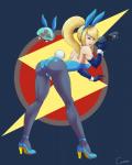 ambiguous_gender blonde_hair breasts bunny_costume butt butt_pose clothing costume duo fake_ears fake_rabbit_ears female footwear green_eyes gun hair handgun high_heels human_focus not_furry pistol ponytail pose ranged_weapon shoes weapon white_body white_skin canime metroid nintendo samus_aran alien human mammal metroid_(species)