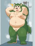 anthro balls bathing belly big_belly detailed_background flaccid genitals green_body kemono male micropenis moobs navel nipples overweight overweight_male penis small_penis solo surprised yaki_atsuage lifewonders live_a_hero mokdai canid canine canis domestic_dog mammal 2024 absurd_res censored hi_res