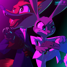angry anthro black_tie_(suit) clothed clothing costume dipstick_ears dipstick_tail duo ear_markings female fur grey_body grey_fur gun handgun holding_gun holding_object holding_ranged_weapon holding_weapon male markings multicolored_ears multicolored_tail necktie open_mouth orange_body orange_fur pistol ranged_weapon shotgun standing suit synthwave tail tail_markings text tongue uvula weapon fanartiguess disney zootopia judy_hopps nick_wilde canid canine fox lagomorph leporid mammal rabbit red_fox true_fox 1:1 2017 hi_res signature url