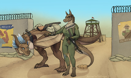 anthro barbed_wire clothing desert dragon_rider duo eyewear eyewear_on_head female feral goggles goggles_on_face goggles_on_head gun jumpsuit kerchief lookout male military military_uniform mount neckerchief neckwear new_california_republic post-apocalyptic propaganda_poster ranged_weapon shotgun uniform weapon tren european_mythology fallout microsoft mythology agalia_(bushdog) scraps_(bushdog) dragon mythological_creature mythological_scalie night_stalker_(fallout) scalie western_dragon wyvern hi_res