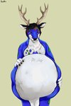 anthro antlers belly big_belly black_hair black_nose blue_body blue_fur front_view fur glistening glistening_eyes green_markings hair horn huge_belly imprint male markings mouth_closed multicolored_hair paw_imprint rainbow_hair red_eyes simple_background solo standing tan_antlers vore white_body white_fur yellow_background roobin kobalt_(koby) deer mammal signature