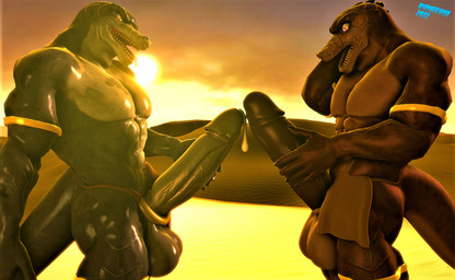 accessory anthro armwear balls big_penis bodily_fluids bottomwear clothing cock_ring comparing cum cum_on_penis duo genital_fluids genitals huge_penis hyper hyper_genitalia hyper_penis jewelry legwear loincloth male male/male muscular muscular_male penis penis_accessory penis_jewelry surprised domizoni petruz_(modeler) lizard_(petruz) lizard reptile scalie 3d_(artwork) digital_media_(artwork) source_filmmaker_(artwork)