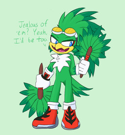 anthro beak blue_eyes clothing eyeshadow eyewear eyewear_on_head fans feathers fluffy fluffy_chest footwear gloves goggles goggles_on_head green_body green_feathers handwear makeup male shoes solo white_body white_feathers yellow_beak cookie-pone sega sonic_riders sonic_the_hedgehog_(series) jet_the_hawk accipitrid accipitriform avian bird hi_res