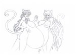 anthro areola belly big_belly big_breasts breasts butt duo female hair huge_belly hyper hyper_pregnancy nipples nude pregnant tail schrocatboy cecilia_(deonwolf) hiromi_(schrocatboy) domestic_cat felid feline felis mammal 2010 sketch traditional_media_(artwork)