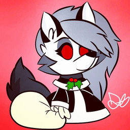 anthro bag chibi christmas_clothing clothing dress eyebrows eyelashes female fur grey_body grey_fur grey_hair hair holding_object holidays multicolored_body multicolored_fur red_background red_eyes red_sclera semi-anthro simple_background smile solo standing white_body white_fur danielo80939087 christmas fate_(series) hellaverse helluva_boss mythology type-moon loona_(helluva_boss) canid canid_demon canine demon hellhound mammal mythological_canine mythological_creature 1:1 2020
