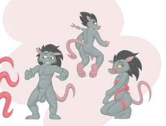 anthro balls black_hair chain chain_leash fur genitals gift_wrapped grey_body grey_fur hair leash long_hair male penis rear_view solo tentacles yellow_eyes azzybunn ben_10 cartoon_network argit alien mammal rodent hi_res