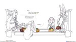 anthro bite_mark blush dinner dinner_table eating eating_food family female group hickey male text zonai_clothing the_gentle_giant nintendo tears_of_the_kingdom the_legend_of_zelda mineru princess_zelda rauru_(tears_of_the_kingdom) sonia_(tloz) humanoid hylian mammal zonai english_text hi_res url