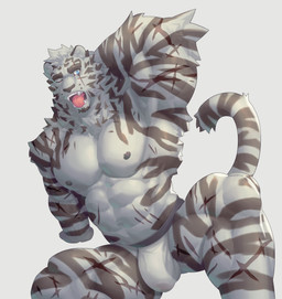 abs anthro areola barazoku biped blue_eyes bulge clothed clothing detailed_bulge front_view fur genital_outline grey_background grey_body grey_fur hand_behind_head jockstrap jockstrap_only looking_at_viewer male markings muscular muscular_anthro muscular_arms muscular_legs muscular_male navel nipples open_mouth pecs penis_outline pose scar scars_all_over sharp_teeth simple_background sitting solo striped_markings stripes tail teeth tongue topless topless_anthro topless_male underwear underwear_only white_body white_fur yawn ronci arknights hypergryph studio_montagne mountain_(arknights) felid mammal pantherine tiger absurd_res hi_res portrait three-quarter_portrait