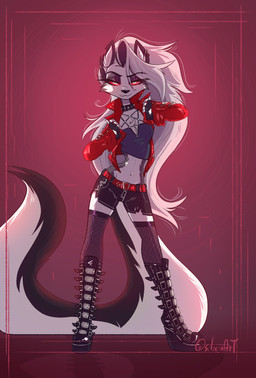 alternative_fashion anthro bedroom_eyes belt boots breasts chest_tuft clothed clothing cocked_hip collar female fingerless_gloves fishnet_clothing footwear fully_clothed gloves hair handwear jacket legwear long_hair looking_at_viewer midriff narrowed_eyes navel piercing punk red_clothing red_jacket red_sclera red_topwear seductive shoes skinny skinny_anthro skinny_female slim solo spiked_collar spikes spread_legs spreading stockings thigh_highs topwear torn_clothing tuft siliciaart hellaverse helluva_boss mythology loona_(helluva_boss) canid canid_demon canine demon hellhound mammal mythological_canine mythological_creature 2020 hi_res