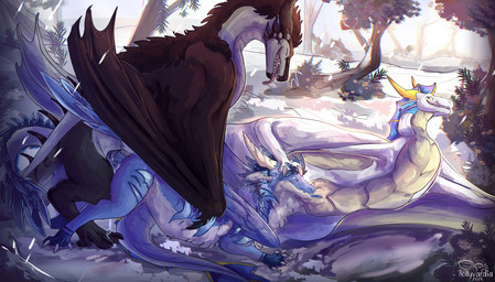 breath female female/female feral folded_wings frill_(anatomy) from_behind_position fur group group_sex holding_head male male/female membrane_(anatomy) membranous_frill mounting nature nature_background panting penetration sex threesome trio vaginal vaginal_penetration wings hollyvardia european_mythology mythology dragon furred_dragon furred_scalie mythological_creature mythological_scalie scalie western_dragon wyvern hi_res