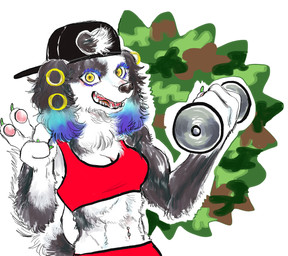 abs anthro athletic athletic_anthro athletic_female backwards_baseball_cap backwards_hat barbell baseball_cap black_body black_fur black_nose blue_hair bottomwear bra breasts claws cleavage clothed clothing dumbbell ear_piercing ear_ring exercise fangs female fingers floppy_ears fur gesture hair hand_gesture hat headgear headwear holding_object looking_at_viewer midriff multicolored_body multicolored_fur multicolored_hair muscular navel navel_piercing open_mouth pawpads piercing ring_piercing simple_background smile solo sports_bra tail teeth tongue topwear tuft underwear v_sign weightlifting weights white_body white_fur workout yellow_eyes sibaketsu border_collie canid canine canis collie domestic_dog herding_dog mammal pastoral_dog sheepdog 2019 digital_media_(artwork)