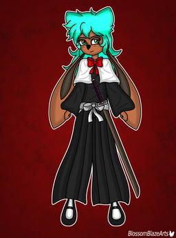 anthro asian_clothing bow_accessory clothing east_asian_clothing female freckles green_eyes hair japanese_clothing kimono long_ears long_hair melee_weapon scabbard solo sword weapon blossomblaze bleach_(series) fan_character hybrid lagomorph leporid mammal rabbit soul_reaper absurd_res hi_res