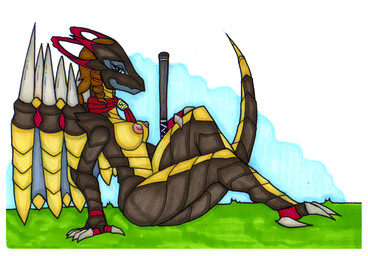 3_toes 5_fingers after_transformation alternate_species anthro ascot ascot_only big_breasts black_body black_scales border breasts brown_hair casual_nudity cinque claws curly_hair enjoying erect_nipples eyelashes feet female fingers grass green_eyes grey_claws hair hand_on_ground hand_on_leg hand_on_thigh horn huge_breasts long_hair long_neck long_tail looking_at_viewer mace melee_weapon membrane_(anatomy) membranous_wings nipples non-mammal_breasts non-mammal_nipples nude outside plant pupils scales side_view simple_background sitting sky smile snout solo species_transformation spikes spikes_(anatomy) tail thick_thighs toe_claws toes transformation weapon white_background white_border wing_spikes wings yellow_body yellow_scales ivanks european_mythology final_fantasy final_fantasy_type-0 mythology square_enix bahamut dragon mythological_creature mythological_scalie reptile scalie western_dragon