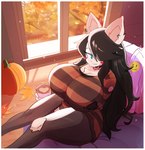 anthro autumn autumn_leaves backlighting beverage big_breasts black_bottomwear black_clothing black_hair black_nose black_sweater black_topwear blue_eyes blush blush_stickers bottomwear breasts clothed clothing coffee collar collarbone container cup dust_particles ear_piercing ear_ring eyebrow_through_hair eyebrows female food fruit fur hair hand_between_legs heart_symbol holding_container holding_cup holding_object huge_breasts inner_ear_fluff latte_art light long_hair looking_aside looking_at_viewer one_eye_obstructed orange_clothing orange_sweater orange_topwear pattern_clothing pattern_sweater pattern_topwear piercing plant pumpkin ring_piercing smile smiley_face solo spiked_collar spikes striped_clothing striped_sweater striped_topwear stripes sweater topwear torn_bottomwear torn_clothing torn_sweater torn_topwear translucent translucent_hair tree tuft wall_(structure) white_body white_fur window wood theycallhimcake maggie_applebee canid canine canis domestic_dog mammal 2023 absurd_res digital_drawing_(artwork) digital_media_(artwork) hi_res lighting shaded