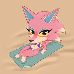 anthro beach big_breasts breasts clothed clothing female fur pink_body pink_fur shortstack skimpy skimpy_bikini solo sunbathing thick_thighs toony claydust animal_crossing nintendo freya_(animal_crossing) canid canine canis mammal wolf 1:1 2026 hi_res