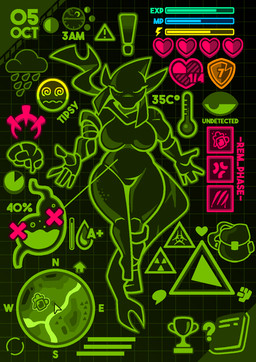 anthro bag big_breasts biohazard_symbol book breasts exclamation_point experience_bar female fin game_ui gameplay_mechanics hazard_symbol heart_symbol heat_(temperature) iron_crown_(darkest_dungeon) mana_bar minimap radiation_symbol scarf solo stamina_bar status_effect symbol tail tail_fin text wide_hips rem_phase aquatic fish shark 2025 digital_media_(artwork) english_text hi_res