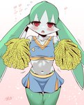 anthro bandai_namco blush bodily_fluids bottomwear cheerleader cheerleader_outfit clothed clothing crossdressing girly hi_res huge_ears japanese_text king_of_sorrow klonoa_(series) looking_at_viewer male midriff navel nipple_outline nipples open_mouth pac-man pac-man_(series) pom_poms red_eyes shaolin_bones signature simple_background skirt solo sweat sweatdrop text