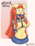 anthro ball_gag bdsm bottomwear clothing collar female fur gag gagged hair latex long_hair pants red_hair simple_background solo yellow_body yellow_fur vartivnia canid canine canis domestic_dog mammal absurd_res hi_res