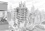 amazing_background anthro apartment biped bottomwear building car clothing cloud detailed_background dot_eyes humanoid_hands machine motor_vehicle outside pants plant scenery_porn shirt simple_eyes topwear tree vehicle ryo_yambe mammal mouse murid murine robot rodent 2023 detailed greyscale hi_res monochrome