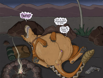 abdominal_bulge animal_genitalia anus balls belly big_belly brown_body brown_fur burping erection feral feral_pred fur genitals male male_pred penis rattle_(anatomy) same_size_vore sheath tail thought_bubble vore strega fallout microsoft hybrid mammal night_stalker_(fallout) pit_viper rattlesnake reptile scalie snake viper hi_res