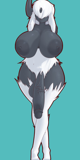 anthro anthrofied areola balls big_areola big_breasts black_body black_nipples black_penis blue_background breasts genitals gynomorph hair hair_over_eyes huge_areola huge_breasts intersex nipples nude penis pokemorph simple_background solo vein veiny_penis white_hair dibujosv12 nintendo pokemon absol generation_3_pokemon pokemon_(species) 2021 absurd_res character_request digital_media_(artwork) hi_res