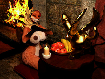 anthro anus apple areola banana big_breasts breasts candle clothing erection eyes_closed fascinus female fire food fruit fur furniture genitals gold_(metal) headdress headgear headwear hijab hooves inside kneeling makeup navel nipples nude orange_body orange_fur own_hands_together penis pillow plant praying religion religious_clothing religious_headwear sculpture sitting small_waist smile solo statue table tail tail_genitals tail_penis thick_thighs unusual_anatomy unusual_genitalia_placement unusual_penis_placement unusual_tail white_body white_fur wide_hips wings chadotexas canid canine fox mammal 4:3 digital_media_(artwork) hi_res
