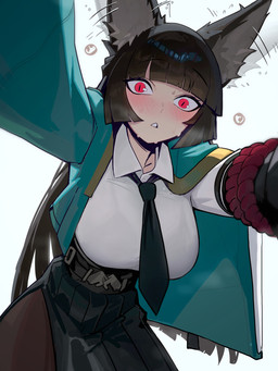accessory bangs belt big_breasts black_hair blunt_bangs blush bottomwear breasts clothing eyebrows eyelashes female hair inner_ear_fluff necktie red_eyes shirt skirt solo topwear tuft distrbeachboy mihoyo zenless_zone_zero hoshimi_miyabi animal_humanoid canid canid_humanoid canine canine_humanoid fox_humanoid humanoid mammal mammal_humanoid thiren 2026 3:4 hi_res