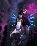 against_surface against_wall alley andytakker anthro back_alley balls biped clothing english_text erection genitals glowing hi_res jacket knot machine male neon_lights nexus_the_proto nexustheproto night on_one_leg outside penis protogen solo standing text topwear wings