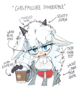 anthro beverage big_breasts blue_eyes blue_sclera bottomwear breasts cleavage clothed clothing coffee female fur girlfailure horn jacket shirt shorts solo tank_top text tired topwear wool_(fur) adam_bryce_thomas idw_publishing sega sonic_the_hedgehog_(comics) sonic_the_hedgehog_(idw) sonic_the_hedgehog_(series) lanolin_the_sheep_(sonic) bovid caprine mammal sheep english_text hi_res