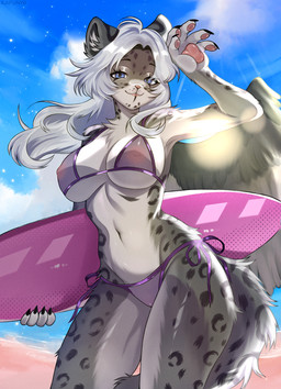 anthro bangs beach big_breasts bikini bikini_bottom bikini_top black_claws blue_eyes breasts chest_tuft claws clothing cloud day eyelashes feathered_wings feathers female fur grey_body grey_fur hair holding_object markings navel pawpads pink_nose pink_pawpads sea sky solo spots spotted_body spotted_fur standing swimwear tail tuft two-piece_swimsuit water white_hair wings kafunya aura_(aurasentinel) felid mammal pantherine snow_leopard 2025 colored digital_drawing_(artwork) digital_media_(artwork) hi_res shaded nonbinary_(lore)