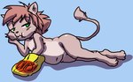 anthro brown_hair chips_(food) female flat_chested food green_eyes hair half-closed_eyes looking_at_viewer lying narrowed_eyes slightly_chubby slightly_chubby_female snack snacks solo young young_female sloss domestic_cat felid feline felis mammal absurd_res hi_res