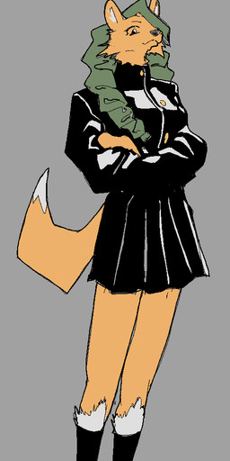 anthro black_boots black_bottomwear black_clothing black_footwear black_jacket black_skirt black_topwear boots bottomwear clothed clothed_anthro clothed_female clothing crossed_arms female female_anthro footwear fully_clothed fully_clothed_anthro fully_clothed_female fur green_hair grey_background hair jacket orange_body orange_fur plantigrade shoes simple_background skirt solo standing topwear white_body white_fur hieronymusjohnson canid canine mammal hi_res