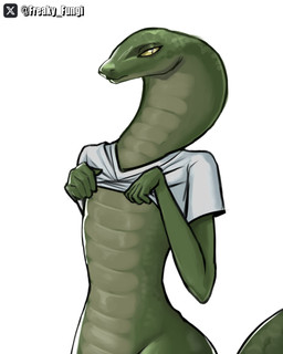 anthro apode breasts clothed clothing clothing_lift featureless_breasts featureless_chest female flat_chested green_body legless partially_clothed pupils raised_clothing raised_shirt raised_topwear scales serpentine shirt shirt_lift shy slit_pupils solo topwear ventral_scales white_clothing yellow_sclera capnfungi cobra draconcopode naga reptile scalie snake 4:5 absurd_res hi_res watermark