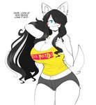 5_fingers anthro band_merch big_breasts black_bottomwear black_clothing black_hair black_shorts blue_eyes blush blush_stickers bottomwear breasts chest_tuft cleavage clothed clothing dialogue ear_piercing ear_ring female fingers hair hair_over_eye huge_breasts inner_ear_fluff long_hair looking_at_viewer one_eye_obstructed piercing ring_piercing shirt shorts simple_background smile solo talking_to_viewer tank_top text text_on_clothing text_on_shirt text_on_topwear topwear tuft white_background yellow_clothing yellow_shirt yellow_tank_top yellow_topwear theycallhimcake sex_pistols maggie_applebee canid canine canis domestic_dog mammal 2020 english_text hi_res