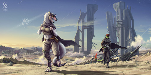 anthro barefoot black_bottomwear black_cape black_clothing black_footwear black_pants black_shoes black_topwear blue_sky bottomwear brown_hair cape clothed clothing cloud duo fangs feet female female_anthro footwear front_view green_body grey_bottomwear grey_clothing grey_pants grey_topwear hair holding_sniper_rifle logo male male_anthro mask open_mouth orange_eyes pants red_eyes rock sand short_hair sky teeth text topwear wearing_mask white_body cereus93 mythology dinosaur dragon mythological_creature mythological_scalie prehistoric_species reptile scalie artist_logo artist_name hi_res